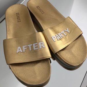 SHUTZ custom gold after party slides